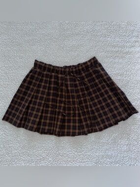 ZARA Brown Plaid Mini Micro Skirt pleated schoolgirl collegiate side zipper S